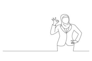 dibujo de una mujer de negocios musulmana asiática que muestra el signo de la mano bien. estilo de dibujo de arte de una línea vector