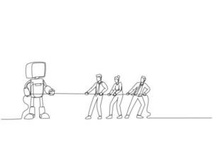 Drawing of teamwork pulling rope against robot with artificial intelligence. AI technology competition metaphor. Single line art style vector