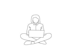 Cartoon of positive businesswoman worker work on her netbook read document information sit legs crossed folded. Oneline art drawing style vector