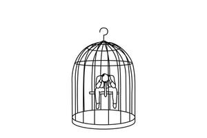 Drawing of alone desperate businessman in a bird cage want to resign. Single continuous line art vector