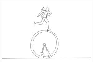 Cartoon of businesswoman running on clock. Deadline concept. Single continuous line art style vector