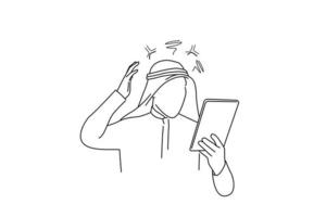 Drawing of Arab Businessman Surprised and Angry Looking on Tablet. Single line art style vector