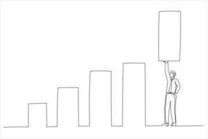 Drawing of confident businessman help lift up bar graph to new high level. Increase sales or revenue raising. Single line art style vector