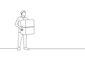 Drawing of delivery man carry boxes. One line art vector