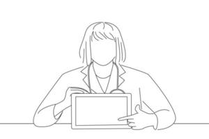 dibujo de un médico joven y profesional que muestra un tablet pc. estilo de dibujo de arte de una línea vector