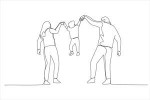 Cartoon of happy family in the park. Parents hold the baby's hands. Single continuous line art style vector