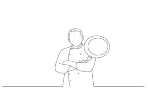 Illustration of confident smiling successful chef posing with arms crossed, he is holding a pan. One line art vector