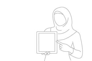 ilustración de una mujer de negocios musulmana feliz que muestra un monitor de tablet pc en blanco, espacio de copia para algún texto, eslogan publicitario. estilo de arte lineal vector