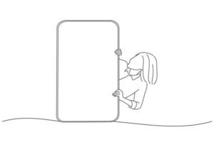 Cartoon of excited asian woman peeking out big giant vertical cell phone with white blank screen and looking at device display. Oneline art drawing style vector