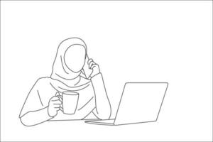 Drawing of happy arabic woman talking on mobile phone in office and holding cup of coffee, having break at workplace. One line art vector