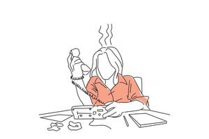 caricatura de una mujer enojada gritando en un teléfono de oficina, descontenta con el servicio al cliente. estilo de arte de línea continua única vector