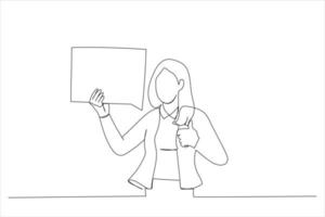 Cartoon of young business woman holding speech bubble over doing ok sign, thumb up with fingers, excellent sign. Single continuous line art style vector
