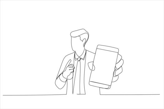 Cartoon of guy holding big smartphone with white blank screen in hand, showing close to camera and pointing at device. Single continuous line art style vector