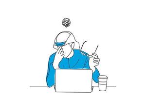 Illustration of arab man working over night have a headache sickness. One continuous line art style vector