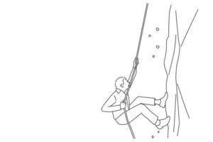 Illustration of business man climbs a mountain. One line art style vector