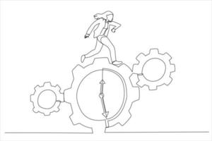 Illustration of businesswoman run along gear in form of clock. Time control concept. One line art style vector