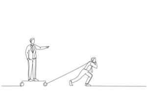 Illustration of businessman pull trolley led to a goal for boss. One continuous line art style vector