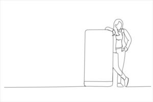 Drawing of casual woman standing and leaning on huge giant cell phone with empty white screen template. Single continuous line art vector