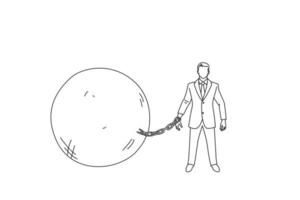 Drawing of businessman chained to large ball. Metaphor of debt. Single line art style vector