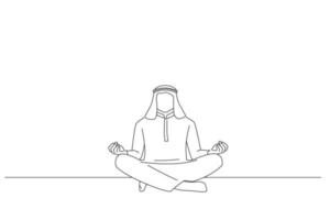 dibujo de un hombre de negocios árabe meditando en una pose de loto en el suelo de la oficina. arte de estilo de dibujo de esquema vector