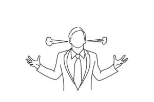 Drawing of businessman in anger screaming and smoke going out from ears. Single line art style vector