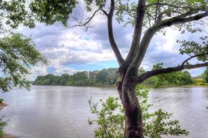 Beautiful landscape at a lake with a reflective water surface photo