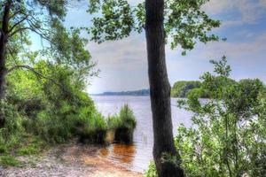 Beautiful landscape at a lake with a reflective water surface photo