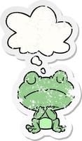 cartoon frog and thought bubble as a distressed worn sticker vector