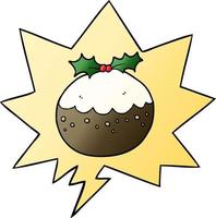 cartoon christmas pudding and speech bubble in smooth gradient style vector