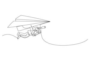 Cartoon of businesswoman flying paper airplane origami as glider with telescope to see future. Future forecast or discover new idea and inspiration concept. Single continuous line art style vector