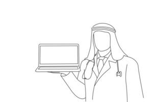 Illustration of muslim doctor holding a laptop computer with blank screen. Outline drawing style art vector