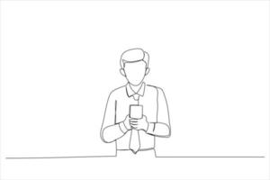 Drawing of young man using his phone while standing. Single continuous line art vector
