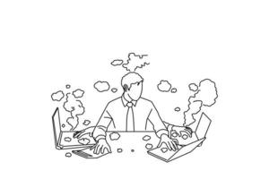 Drawing of Overworked businessman. Outline drawing style art vector