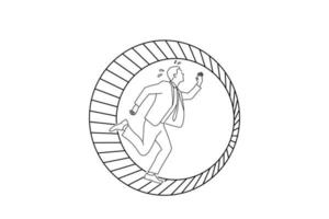 Drawing of businessman running on hamster wheel. Single line art style vector