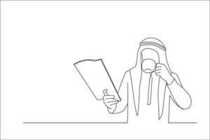 Cartoon of arab businessman is reading newspaper and eating breakfast. Line art style vector