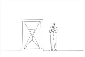 Cartoon of businessman standing and looking at hourglass while time goes by. Patience concept. Continuous line art vector