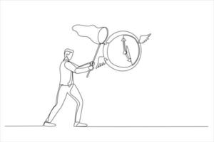 Cartoon of businessman hurry to catch flying clock . Lack of time and project deadline concept. Continuous line art vector