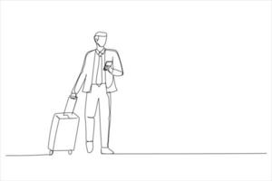 Illustration of Man Walking With Suitcase In Airport And Using Smartphone. One continuous line art style vector