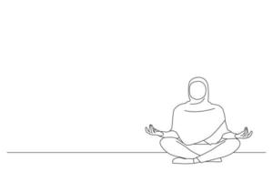 Drawing of peaceful young lady in hijab meditating with closed eyes in yoga pose, finding inner balance. One line art vector