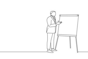 Drawing of confident speaker gives presentation with flipchart presenting new marketing project. One line art vector