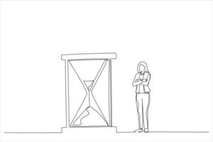 caricatura de mujer de negocios de pie y mirando el reloj de arena mientras pasa el tiempo. concepto de paciencia. arte de línea continua vector