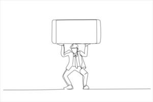 Illustration of man is balancing a giant cell smart phone over his head that has a blank screen for your images and text. One line style art vector