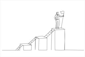 Illustration of businessman climb up ladder step by step on graph to achieve goal. Step to grow business, ladder of success. One line style art vector