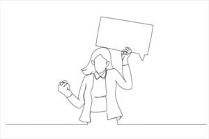 caricatura de una joven empresaria emocionada sosteniendo una burbuja de habla con un espacio vacío. estilo de arte de línea continua única vector