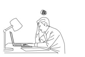 Illustration of Tired worker having problem. Man makes dumb mistake has difficulty. line art style vector