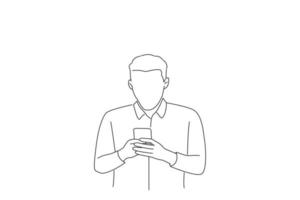 Cartoon of businessman expressing amazement while using cellphone and shocked. Line art style vector