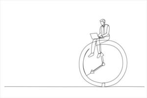 Drawing of businessman using computer laptop sitting on clock working. After hours worker, working late overtime concept. Single continuous line art vector