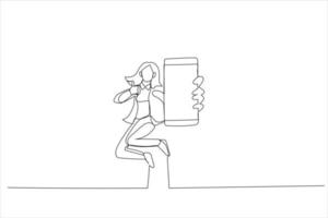 Cartoon of woman jumping on air, pointing at cellphone with empty screen. Continuous line art vector