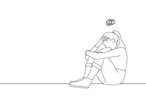 dibujo de una mujer molesta frustrada por un problema con el trabajo o las relaciones, sentada en el sofá, abrazando las rodillas, con la cara cubierta en la mano. estilo de dibujo de arte de una línea vector