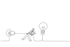 Cartoon of businessman trying to unplug the light bulb brain, sabotage, killing creativity metaphor. Single continuous line art style vector